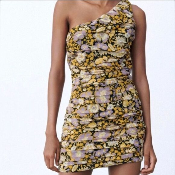 Zara one Shoulder Ruched Sides Metallic & Floral Chiffon Mini Cocktail Dress - Picture 1 of 9